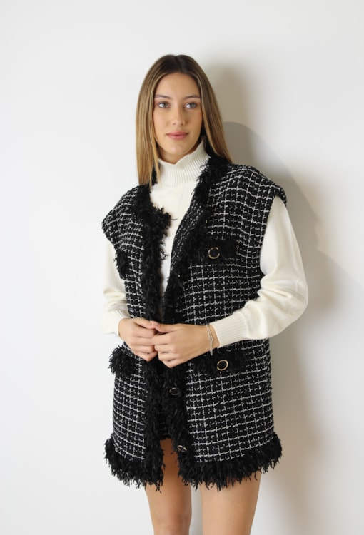Colete de tweed detalhe penas