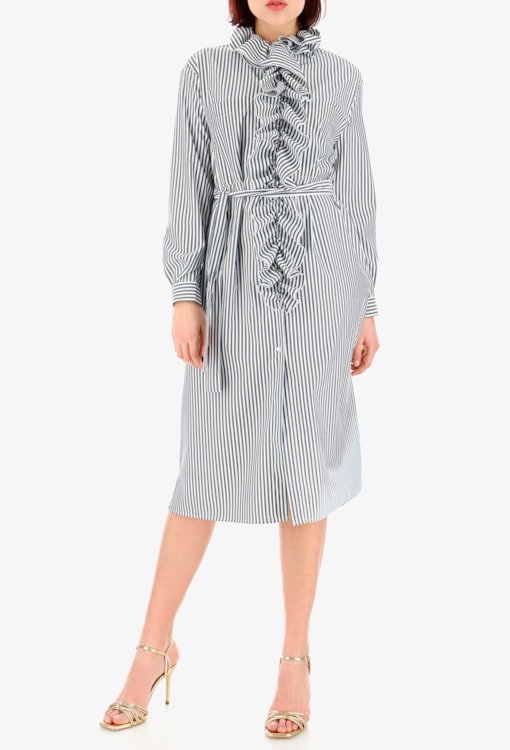 Vestido estilo camiseiro com gola com folhos