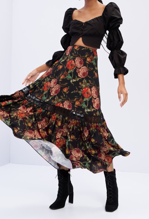 Saia Com Estampa E Folhos