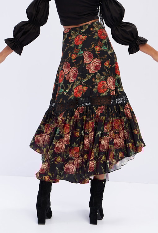 Saia Com Estampa E Folhos