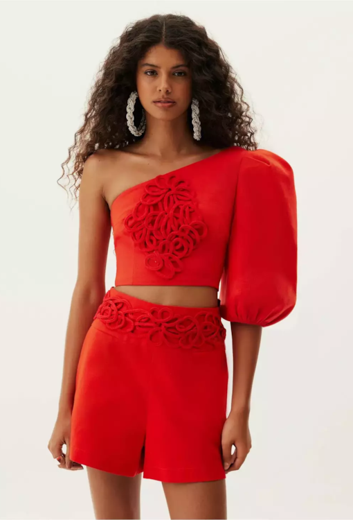 Blusa de um só ombro com bordados